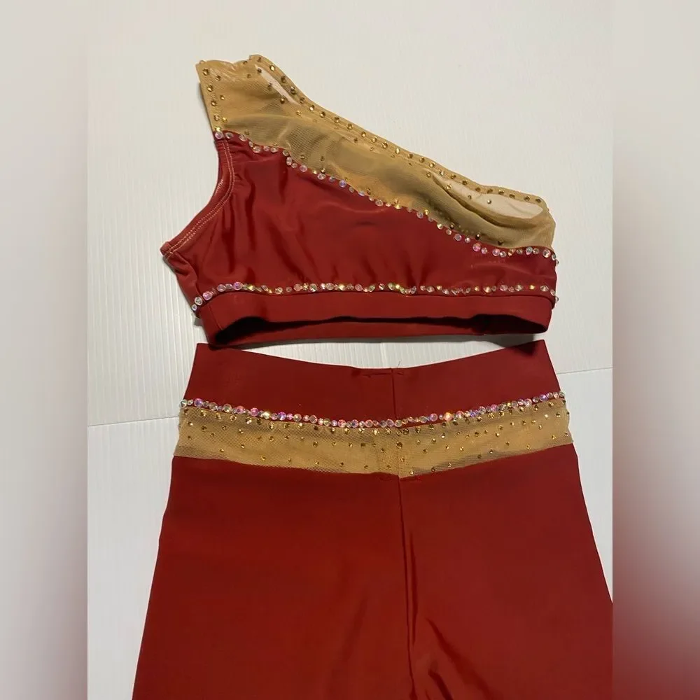 Patrick J designs dance costume solo orange illusion 2 piece top bike shorts XSA